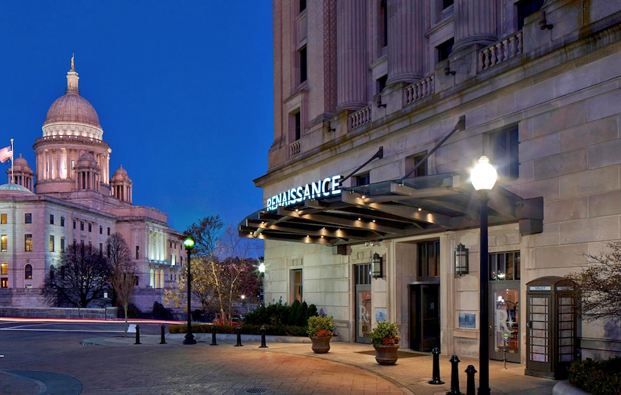 Providence, Road Island Capital and Renaissance Hotel at night