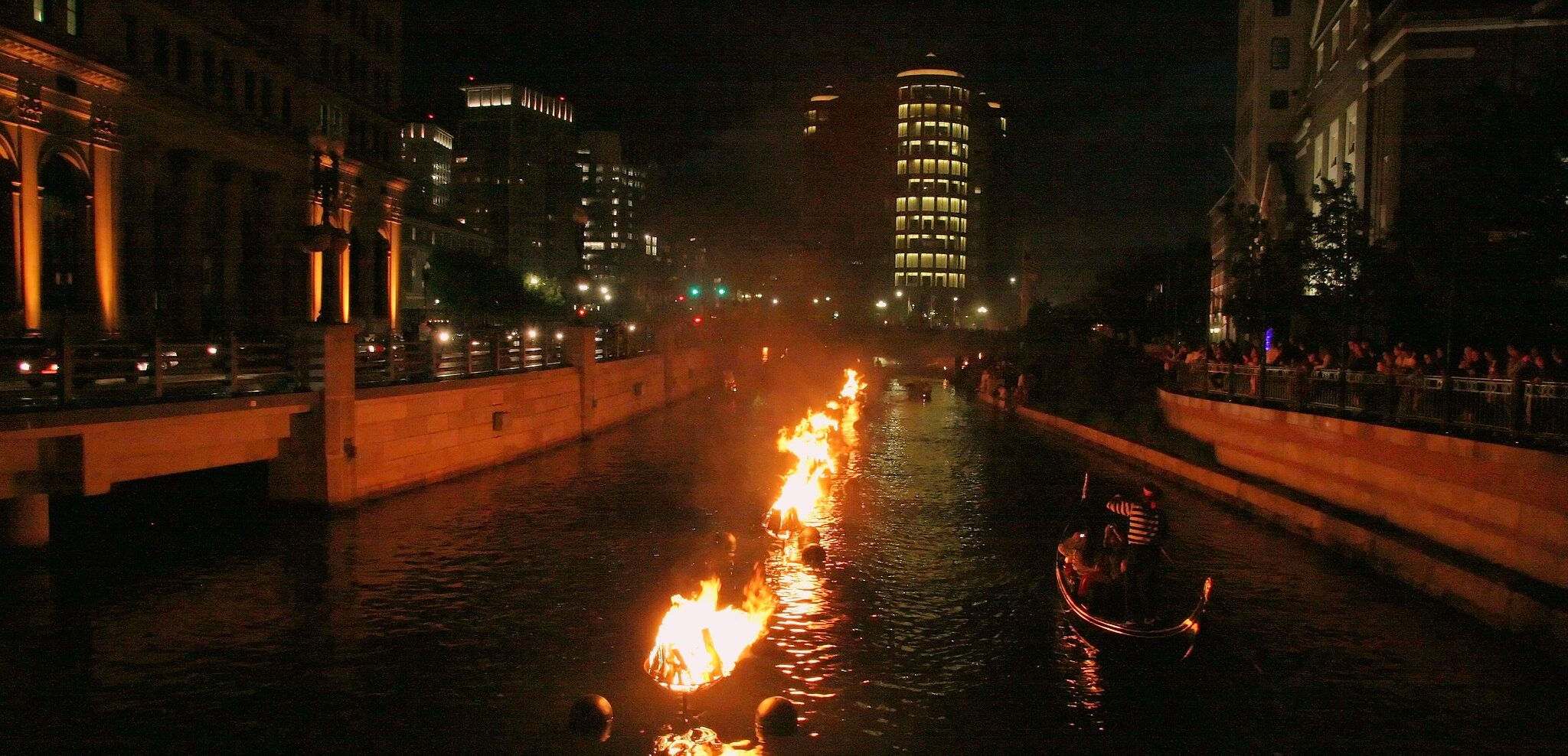 fire on the river at night in Providence, Rhode Island