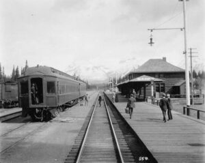 historic photo of the Banff Train station 1910