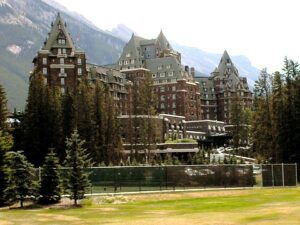 Banff Springs Hotel nestled in the mountains