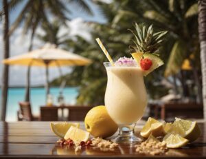 piña colada drink with garnish and background with palms, beach umbrella, and the ocean