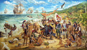 painting depicting explorers connecting with indigenous people on the beach of Puerto Rico