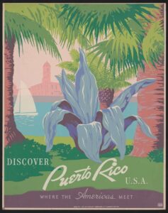 illustration of local island fauna with text "Discover Puerto Rico"
