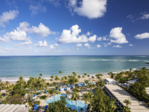 beautiful beach view with puffy clouds, clear ocean, and beach with palm trees and swimmers